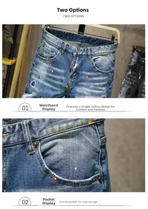 Détails macro du short en jean délavé bleu avec éclaboussures de peinture et bouton en métal