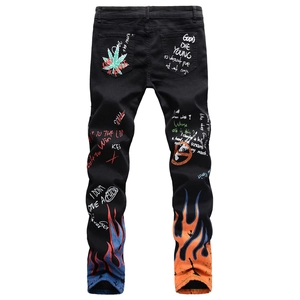 Men's slim black streetwear jeans with 3D colorful graffiti, skull prints and flame patterns
