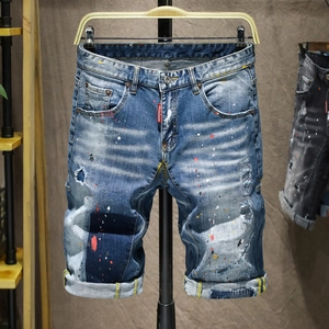 Short en Jean Déchiré Streetwear pour Hommes Patchwork Distressed Éclaboussures Peinture Coton Lavé Casual Été Bas