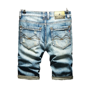 Men's retro loose light blue denim shorts featuring back pocket embroidery and leather patch