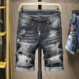 Pantaloncini di Jeans Distressed da Uomo Streetwear Schizzi di Vernice Strappati Cotone Retro Fashion High Street Grigio Scuro