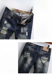 Close-up of distressed denim shorts with ripped details and floral waistband lining