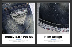 Close-up of vintage blue denim shorts with bohemian print patches on pocket and cuffs