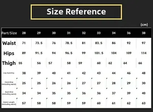 Detailed size chart for men's ripped denim shorts including waist and hip measurements