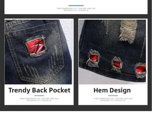 Detail of ripped back pocket and hem with red-black patches on denim shorts