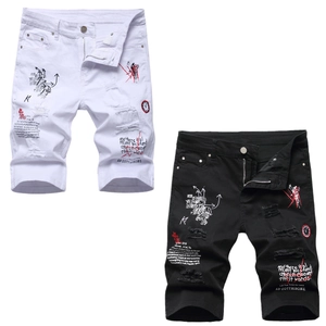 Men Distressed Denim Shorts Streetwear Graffiti Printed Ripped Capris Cotton Blend Breathable Comfortable Hip Hop Shorts For Youth