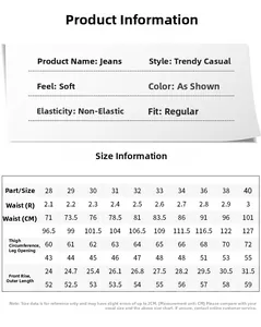 Detailed size chart for men's denim shorts covering waist and length in centimeters
