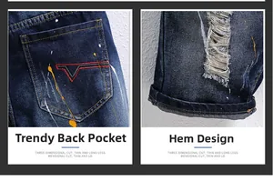 Details der blauen Denim-Shorts mit Farbspritzern und bestickter Gesäßtasche
