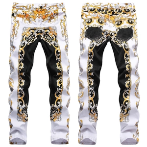 Jeans da Uomo con Stampa Barocca in Denim di Cotone Elasticizzato Vestibilità Slim Motivo Floreale Barocco Oro Pantaloni