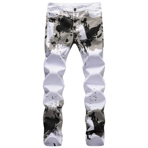 Slim fit men's jeans featuring white camouflage print and classic five-pocket design