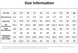 Detailed size chart for men's distressed denim shorts with waist and hip measurements