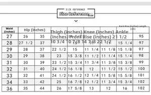 Detailed size chart for slim fit denim jeans showing waist and hip measurements in cm