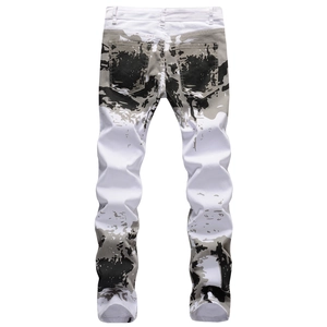 Men's white denim jeans with black camo splatter print and straight fit back view