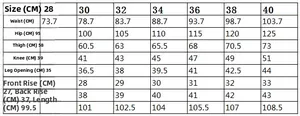 Detailed size chart for slim fit stretch denim pants including waist and length measurements