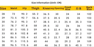 Detailed size guide table for slim fit graffiti jeans showing measurements in centimeters
