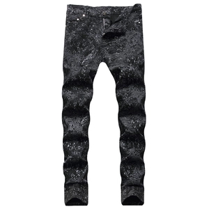 Men's slim black denim jeans with grey ink splash paint and line texture prints