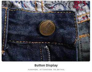Macro detail of denim waist with brass button and paisley lining on men's shorts