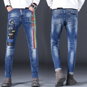 Men Slim Fit Denim Jeans Bob Marley Print Streetwear Retro Washed Blue Cotton Trousers With Embroidery For Casual Daily Wear
