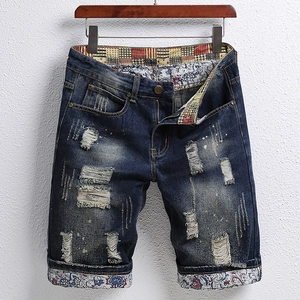 Men Distressed Denim Shorts Ripped Splatter Patchwork Vintage Paisley Lining Mid Waist Streetwear Fashion Denim Mid Pants