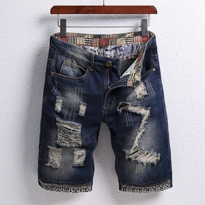 Mens Retro Ripped Distressed Cotton Denim Shorts Casual Five Point Knee Length Washed Jeans With Stars Stripes Lining Streetwear