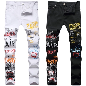 Jeans Coupe Ajustée pour Hommes avec Imprimé Graffiti Streetwear en Mélange de Coton Respirant Pantalons en Denim Skinny Été pour Hommes Style Hip Hop