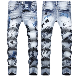 Men Streetwear Hip Hop Graffiti Embroidered Jeans Cotton Blend Slim Fit Straight Leg Denim Pants Light Blue Distressed Washed Trousers