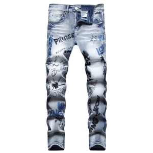 Men's slim fit light blue washed jeans with street style graffiti embroidery and prints