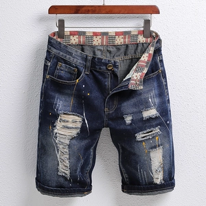 Herren Streetwear Distressed Denim Shorts Dunkelblau Farbspritzer Zerrissene Baumwolle Knielange Jeanshose Trendy Casual Hosen