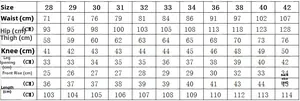 Detailed size chart for men's straight fit stretch jeans with measurements from size 28 to 42