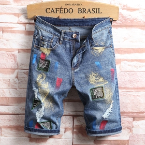 Short en Jean pour Hommes Déchiré Usé Graffiti Éclaboussure de Peinture Design Taille Moyenne Streetwear Hip Hop Short