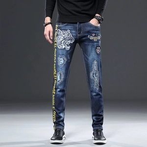 Jean Tendance pour Hommes Broderie Tête de Tigre Pantalon Long en Denim Stretch Coupe Ajustée Streetwear Décontracté
