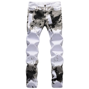Men's slim fit straight jeans with white camouflage print and classic five-pocket design