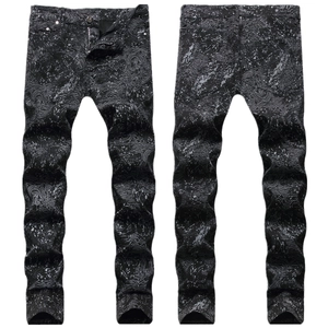 Men's Slim Fit Printed Jeans Cotton Denim Topographic Map Pattern Graffiti Splatter Trousers Streetwear Casual Fashion Black Pants