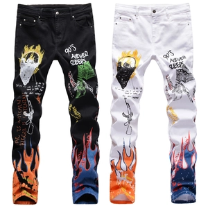 Men's Streetwear Slim Fit Elastic Jeans Graffiti Skull Print Fire Pattern High Street Hip Hop Denim Pants For Daily Casual