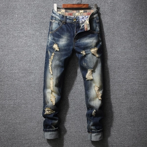 Men Ripped Jeans Slim Fit Distressed Washed Denim Pants Vintage Streetwear Small Straight Leg Casual Fashion Heavyweight Trousers