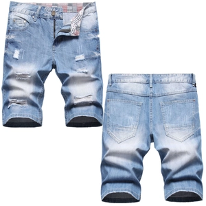 Short en Jean Déchiré Bleu Clair pour Hommes Style Streetwear Décontracté en Mélange de Coton Taille Moyenne Braguette Éclair