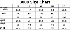 Detailed size chart for men denim jacket showing measurements in cm from M to 3XL