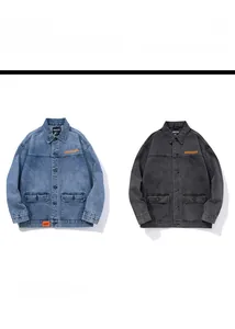 Detail of grey and blue denim jackets featuring cargo pockets and orange embroidery labels