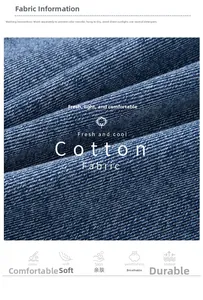 Detail showing 100% cotton blue denim fabric texture and washing instructions label