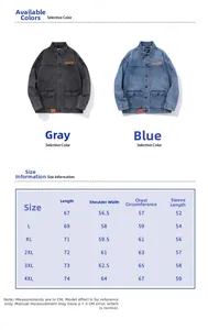 Size chart for casual grey winter jacket with length and chest measurements in cm