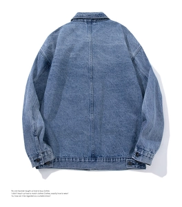 Detailed back view of a grey casual jacket featuring washed denim texture and metal buckle