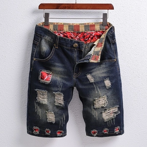 Herren Retro Denim Shorts Mit Rissen Gewaschen Patchwork Jeans Streetwear Mittlere Taille Baumwolle Denim Kurze Hose