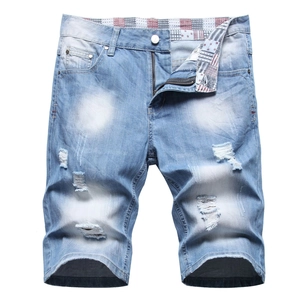 Short en Jean Distressed pour Hommes Bleu Clair Déchiré Mélange de Coton Coupe Droite Été Décontracté Streetwear