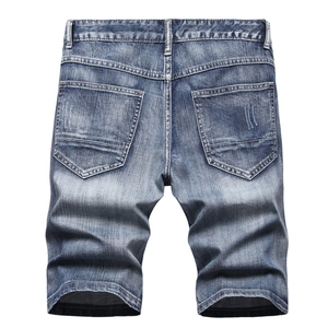 Men's summer mid-blue denim shorts with distressed details and straight-leg fit