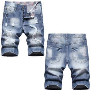 Men's Distressed Ripped Denim Shorts Light Blue Stone Washed Cotton Blend Straight Fit Streetwear Summer Half Length Shorts