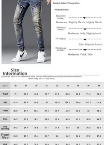 Detailed size chart for vintage blue slim fit men's denim jeans with stretch and fit specs