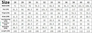 Detailed size chart for men's denim pants including waist, hip, and length measurements