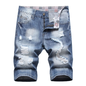 Men's loose straight denim shorts with distressed ripped holes and casual blue wash