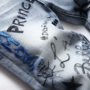Men's light blue slim jeans with 3D embroidery, Prince lettering and graffiti motifs