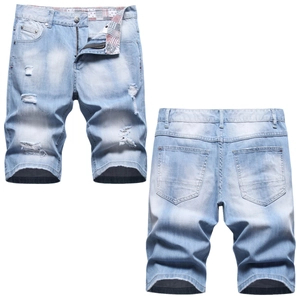 Men's Casual Ripped Denim Shorts Light Blue Washed Distressed Straight Fit Short Jeans Summer Thin Cotton Blend Pants